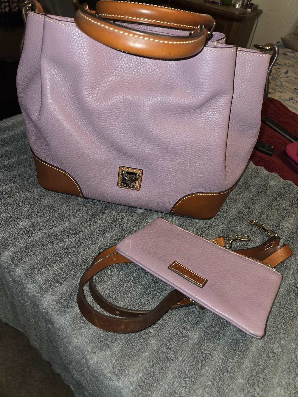 Dooney & Bourke Lavender Pink Pebble Leather Tote with Tan Trim